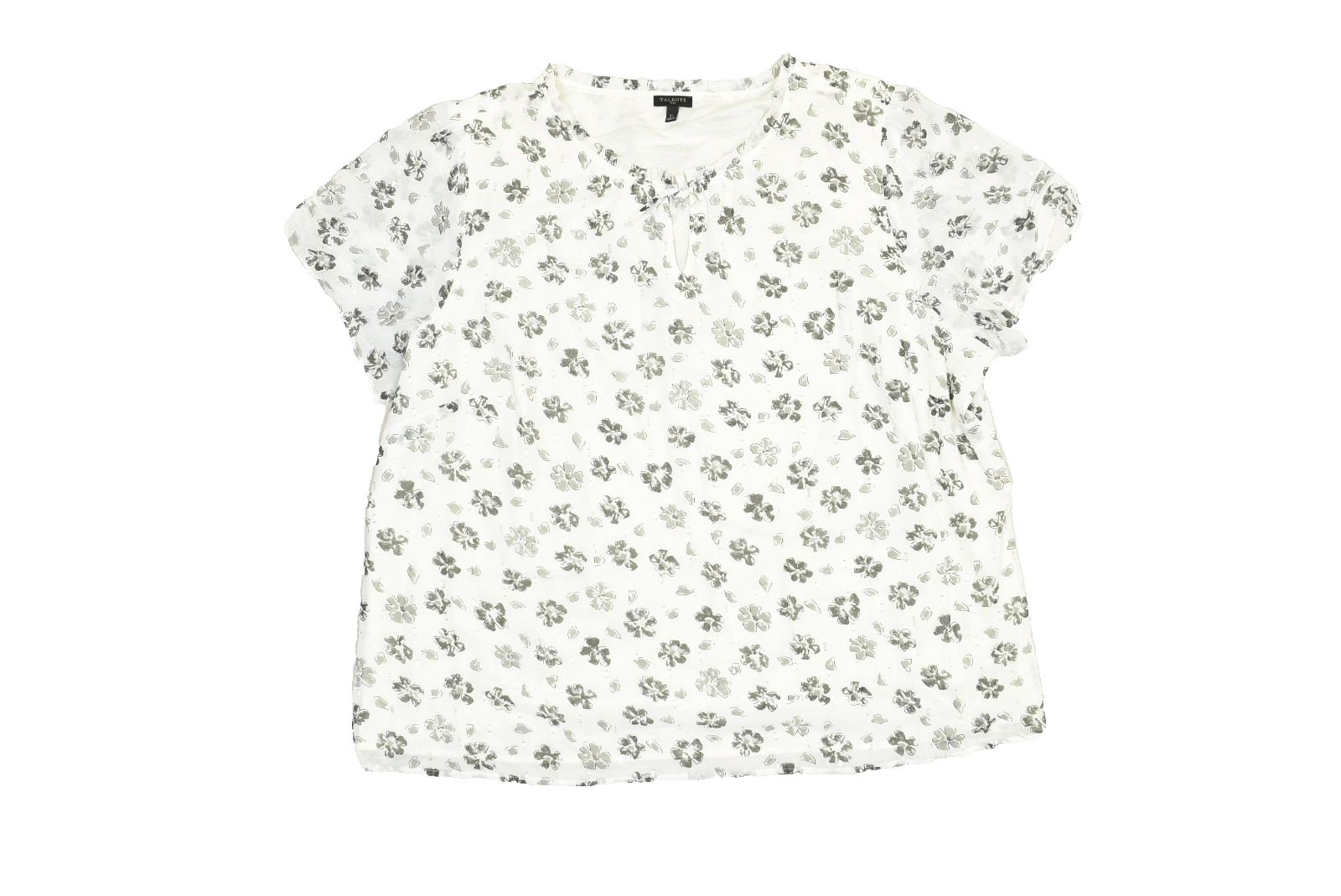 Talbots Plus Size 3x White Floral Chiffon Blouse Metallic Silver Sparkle Keyhole